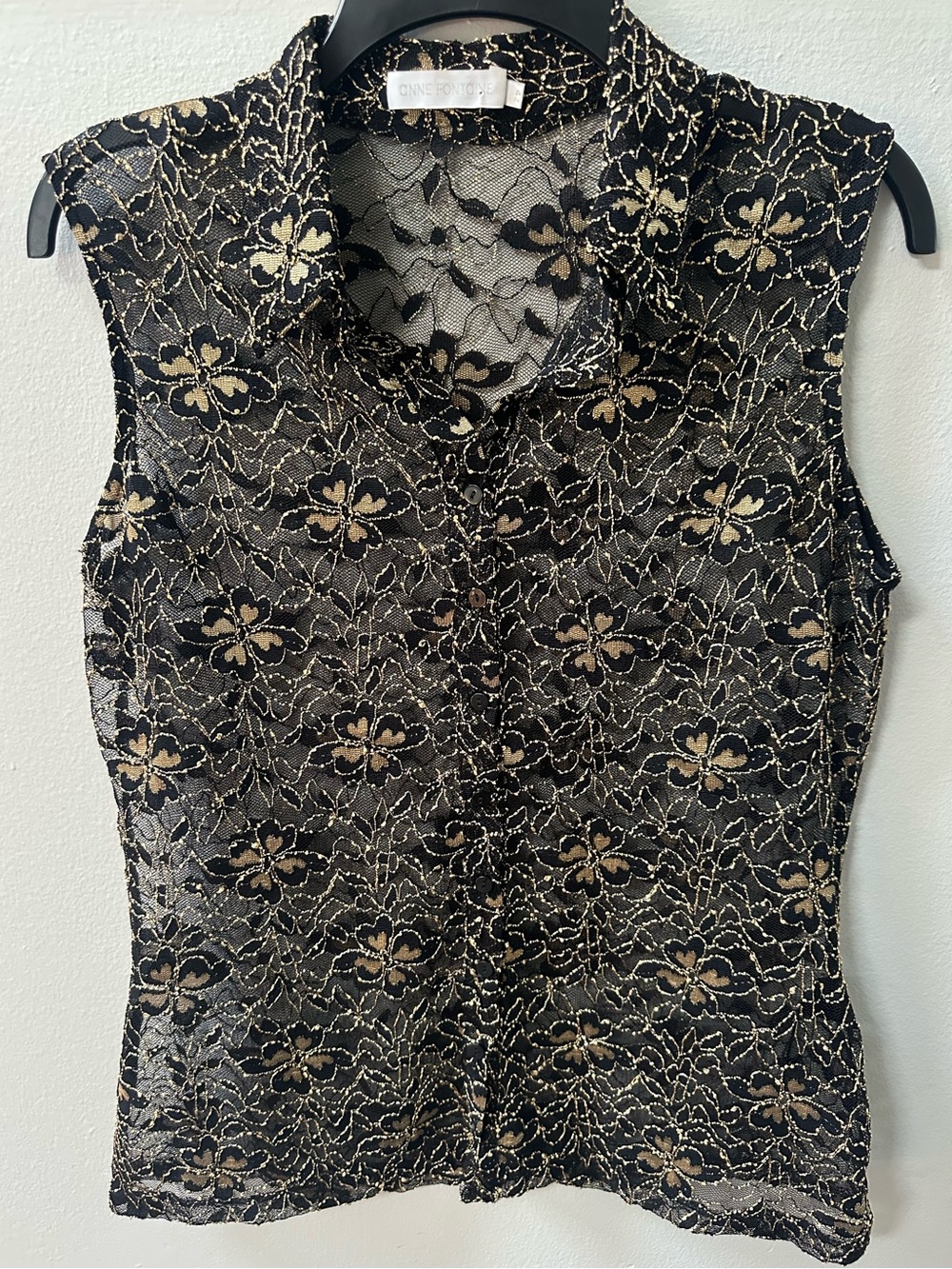 Anne Fontaine Laura Black Gold Lace Sleeveless Button Front Blouse Top 42 NWOT
